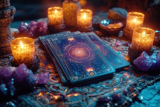 Mystical Tarot Card Setup with Candles and Crystals
