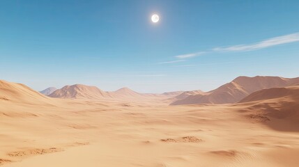 Naklejka premium A vast desert landscape with towering sand dunes under a clear, cloudless sky.