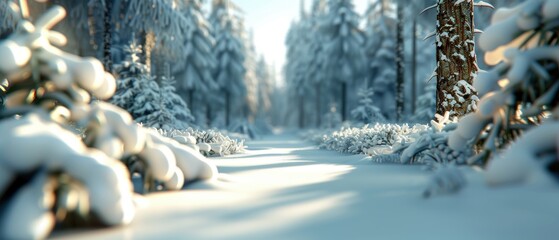 Enchanting Winter Wonderland: Snow-Covered Forest with Majestic Pine Trees and Tranquil Path, -Detailed