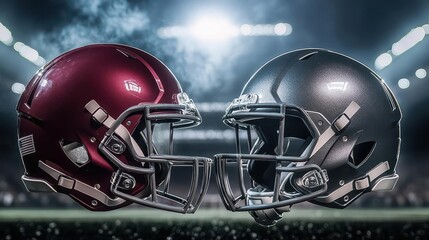 Fototapeta premium Overhead angle of a maroon and silver helmet collision, with the stadium lights creating dramatic shadows and highlights