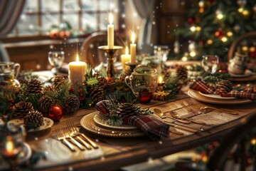 Fototapeta premium A warm illustration of a cozy Christmas dinner table with a rustic wooden tabletop, beautifully decorated with pine cones, holly, plaid napkins, and the soft glow of candlelight