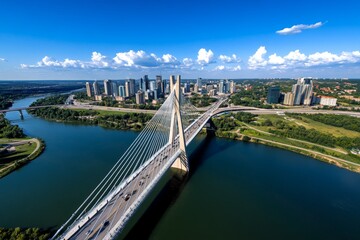 Panoramic photo, city bridge, spanning a river shows the engineering marvel and the connection between two sides of a city