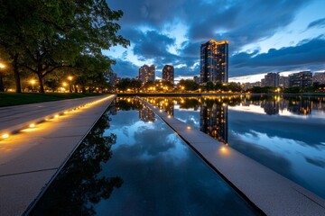 Fototapeta premium Panoramic photo, cityscape reflection, mirrored in water shows the cityâ€™s lights doubled in the calm surface of a river or lake