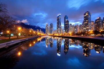 Fototapeta premium Panoramic photo, cityscape reflection, mirrored in water shows the cityâ€™s lights doubled in the calm surface of a river or lake