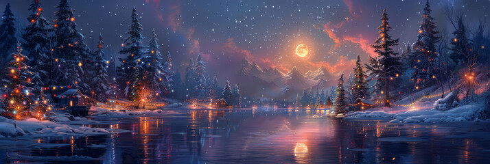 Obraz premium The tranquil winter night features a glowing full moon, trees wrapped in twinkling Christmas lights, and an icy pond reflecting the festive lights in the crisp, snowy air, banner