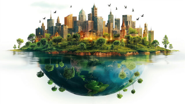 A green island with an eco-friendly cityscape nestled in a tranquil lake with the reflection shows a half-earth shadow beneath. For eco city concepts.