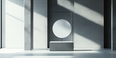 Minimalist interior with circular mirror and pedestal.
