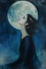 Fototapeta premium A woman gazes longingly at the full moon against a dark blue sky at night