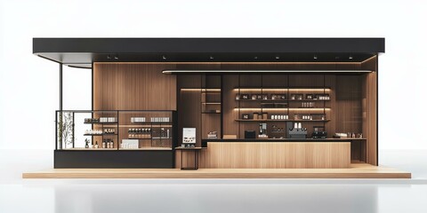 Modern coffee shop interior with wood paneling.