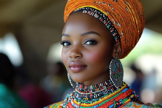 proud african zulu woman resplendent in vibrant traditional attire intricate beadwork bold patterns dignified pose regal bearing rich cultural heritage on display