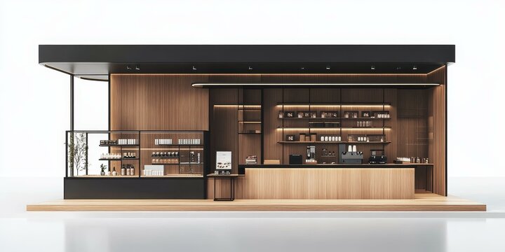 Modern coffee shop interior with wood paneling.