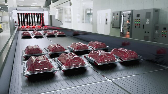 Packaged Raw Meat Trays On A Conveyor Belt In A Factory