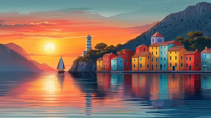 Naklejka premium Sunset seaside town with sailing ships colorful landscape with houses trees hills and water reflection scenic view travel concept background