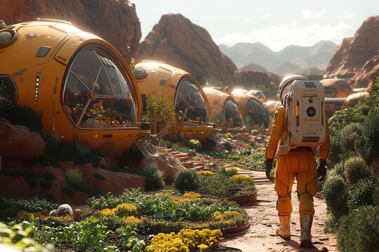 retrofuturistic space colony on mars geodesic domes housing lush gardens astronauts tending to hydroponic crops red planet landscape beyond