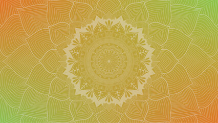 Round mandala on dreamy peach fuzz gradient background. Translucent mesh pattern in the form of a mandala. Mandala with floral patterns. Pastel Yoga template. Gradient background with round mandala