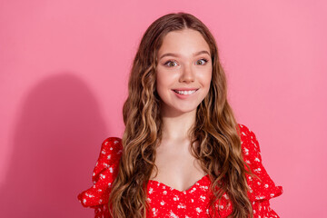 Photo portrait of lovely teen lady excited face bite lips dressed stylish red garment isolated on pink color background