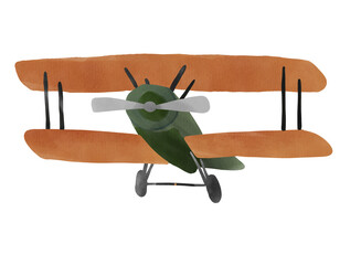 Hand-drawn watercolor illustration of a propeller plane isolated on a white background.  © beyouenked