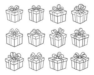 Gift box line icons set. Birthday, present or sale background. Shopping symbol. Design elements, icons, illustrations