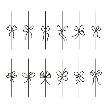 Simple bow doodle set. Line bows on ribbon. Bow on string set decoration. Bowknot for package, letter. Illustration