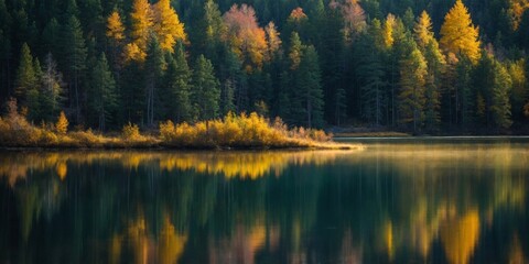 A beautiful forest scene with a body of water in the background.