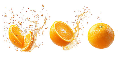 Falling Juicy Oranges at Various Angles with Juice Splashes, Isolated on White Background