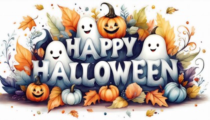 Fototapeta premium Autumn Halloween Adorable watercolor poster - Happy Halloween lettering in a playful, curvy font with happy cartoon ghosts peek and pumpkins. Graphic artwork illustration