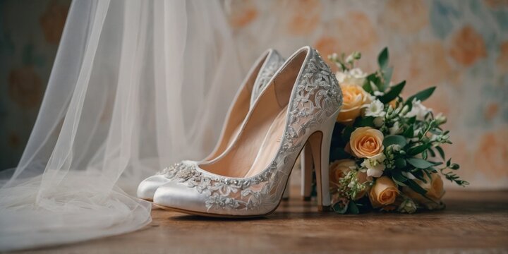 shoes of the bride with a wedding bouquet.