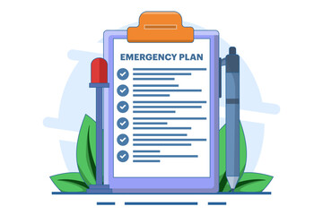 Business emergency plan concept, disaster checklist, business continuity and resilience building concept, pencil with blinking emergency plan paper. flat vector illustration on background. © FAHMI 