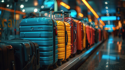 Fototapeta premium A vibrant row of colorful suitcases waiting at a bustling airport terminal during the evening rush hour. Generative AI
