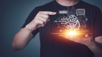 Interactive conversation of businessman with chatbot, AI technology