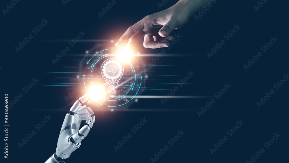 Aufkleber robot hand and human hand touch on big data network connection of ai brain, data exchange, science, 