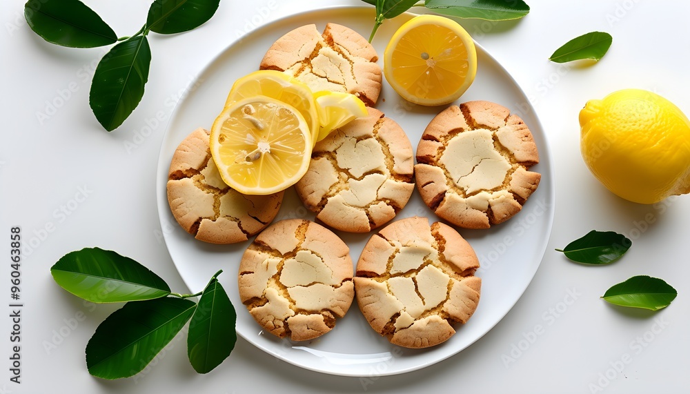 Wall mural Refreshing lemon cookies with fresh slices and leaves on a crisp white background