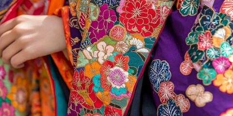 Colorful embroidered floral patterns on purple fabric.