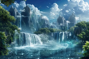 A beautiful landscape with a waterfall and mountains in the background, generative ai image