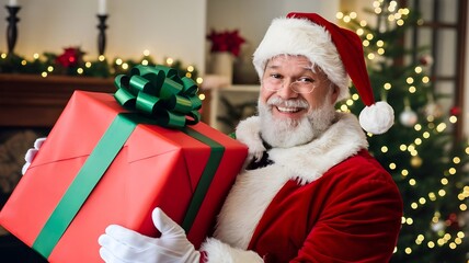 Santa Claus holding Christmas gift box, happy smiling old man photo present