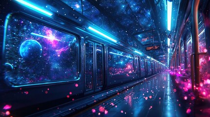 Experience a mesmerizing dreamlike train ride through a captivating galaxy, adorned with shimmering stars and vibrant planets that ignite the imagination.