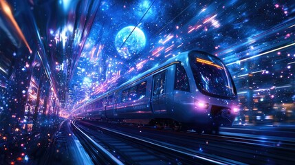 Experience a mesmerizing dreamlike train ride through a galaxy filled with twinkling stars, colorful planets, and cosmic wonders that ignite your imagination and wanderlust.