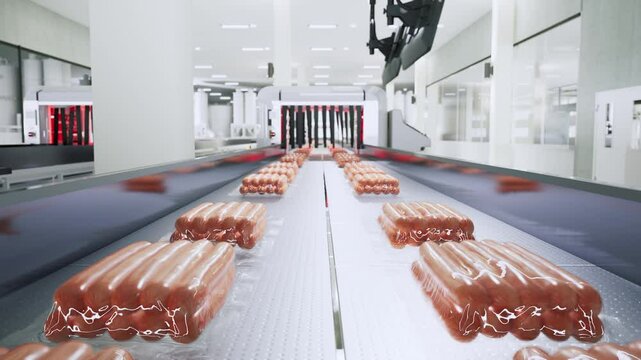 Sausage Production, Packaged Sausage Trays On A Conveyor Belt In A Factory