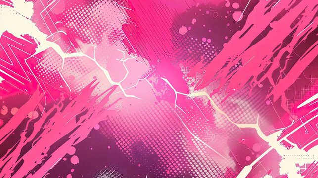 Zigzag patterns and halftone lightning bolts in a pink pop art background