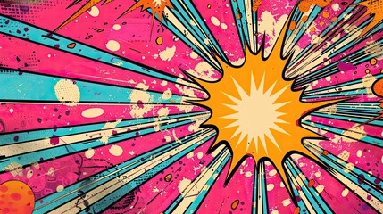 Pink-toned background with radial comic patterns and vibrant halftone elements