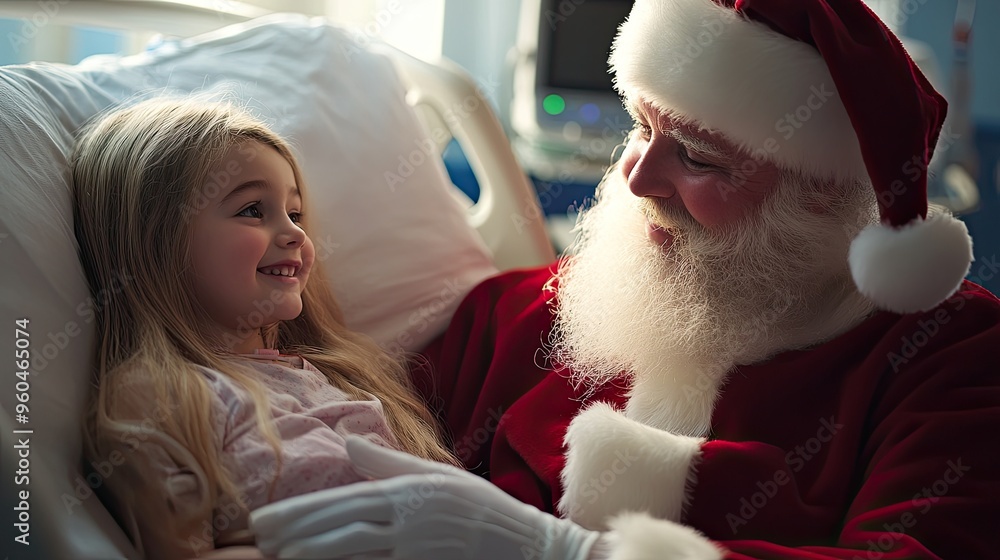 Poster Santa Claus visits a sick child in the hospital room.