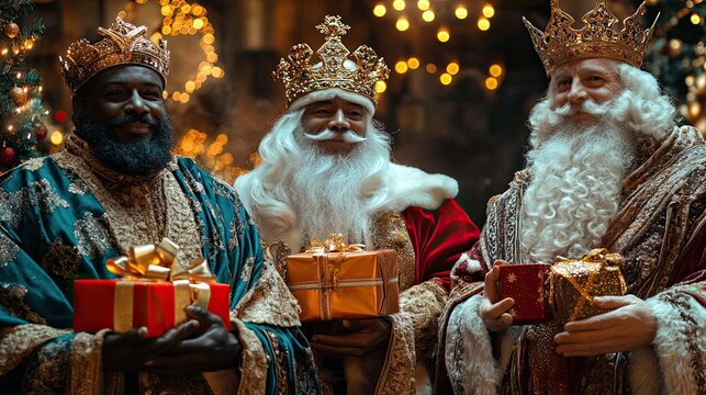 Happy Three Kings , Melchor, Gaspar and Baltasar, with presents on hands.