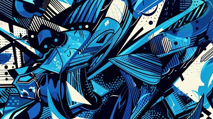 Vibrant blue backdrop with motion lines geometric shapes and comic motifs