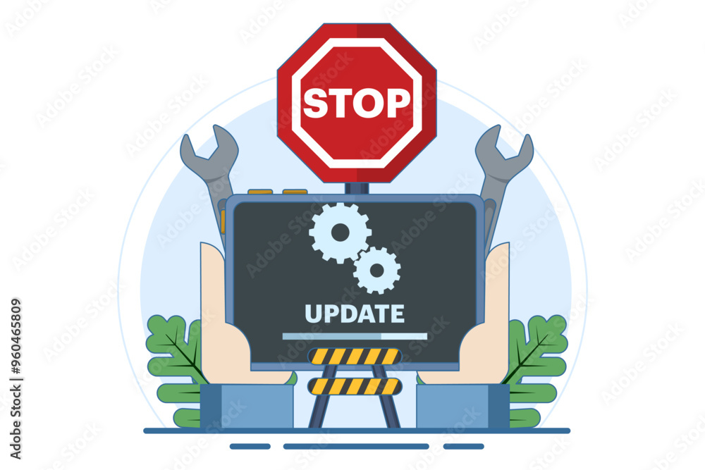 Poster system maintenance concept, error, fix problems, device update, software update, system update, oper