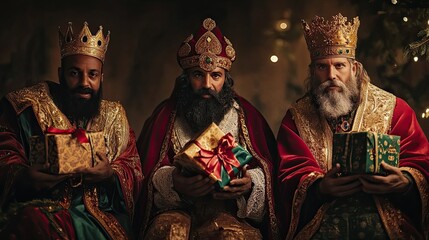 Portrait of Three Kings with presents on hands.