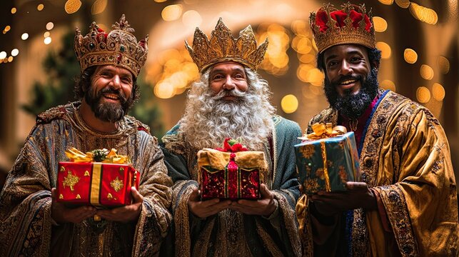 Portrait of Three Kings with presents on hands.