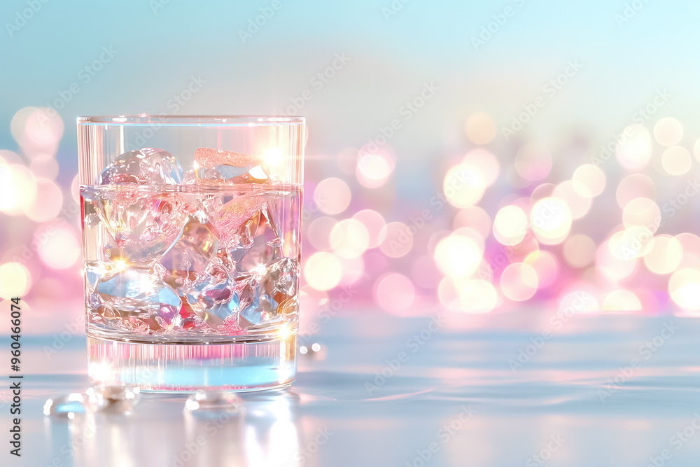 Poster a clear glass filled with ice cubes sits on a tabletop, reflecting light from the colorful bokeh in 