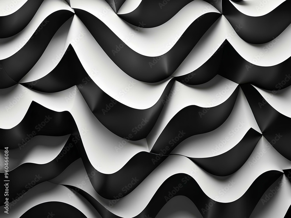 Poster monochromatic flowing waves creating a black and white ripple effect, with smooth curves and gentle 