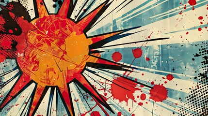Wallpaper with red shades sunburst patterns comic elements and halftone textures