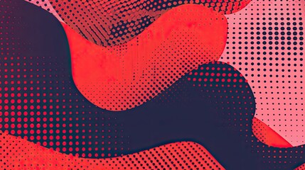 Red backdrop with abstract chevron patterns bold lines and halftone dots